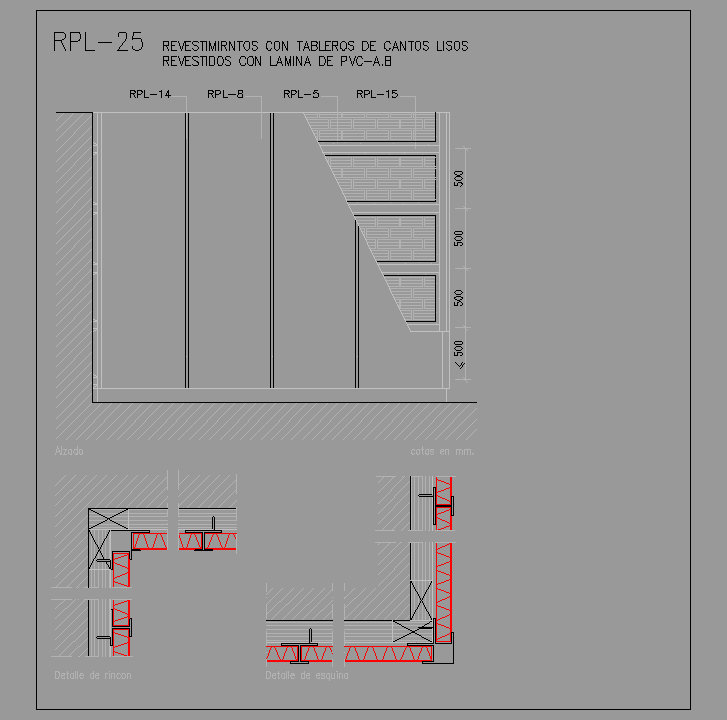 Bloque Autocad Revestimiento con tableros de cantos lisos revestidos con lamina de PVC